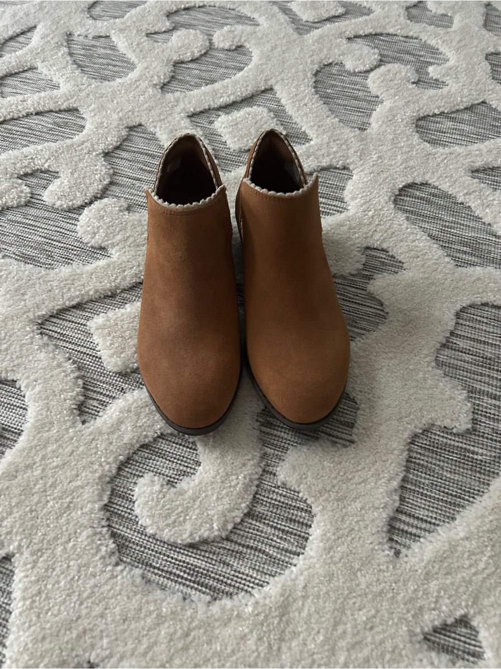 Skechers Tan Suede Ankle Booties with Scalloped Collar